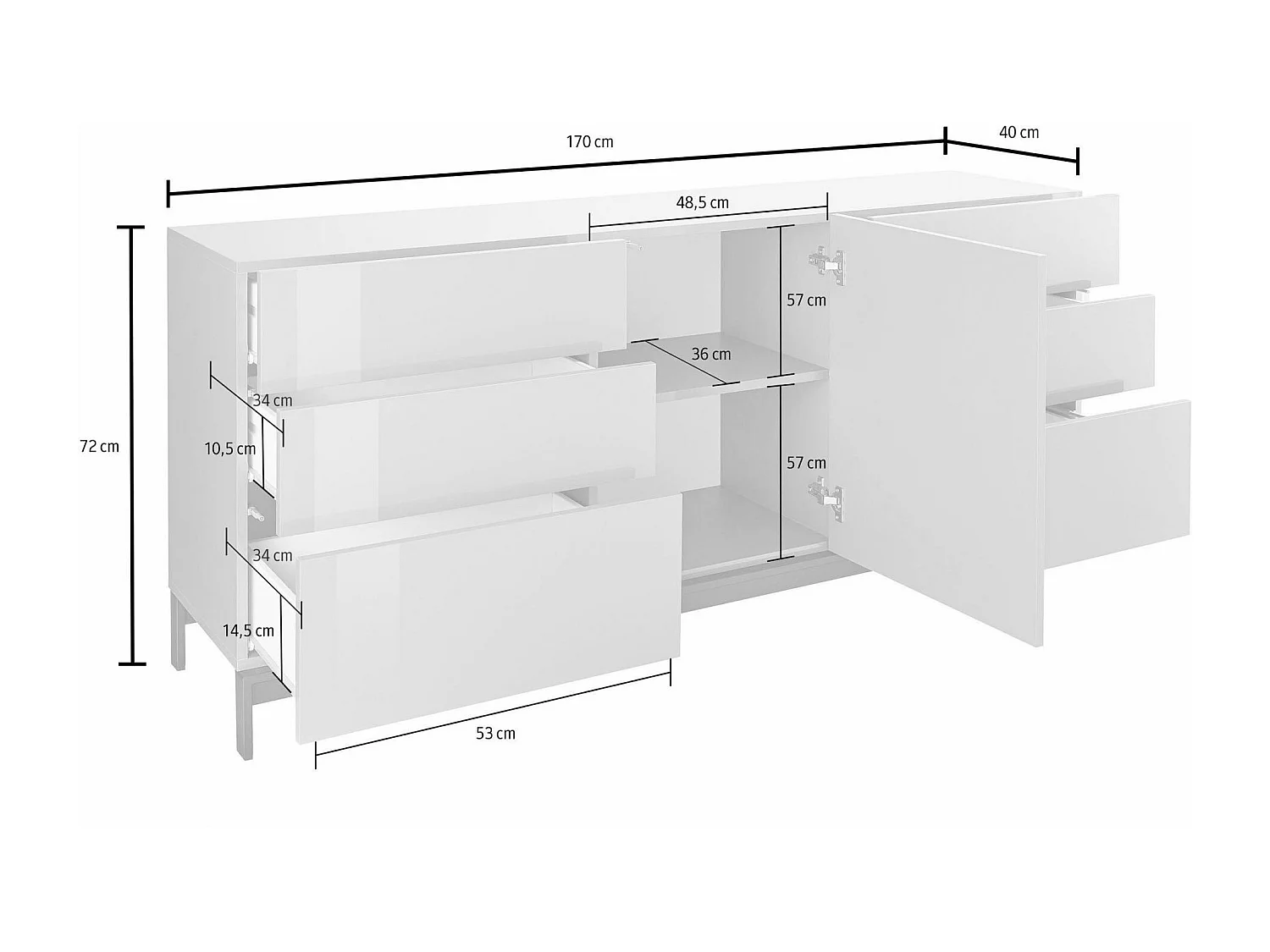 Edi dressoir, Keukendressoir met 1 deur en 6 laden, Woonkamerbuffet, Keukendressoir, 100% Made in Italy, 170x40h47 cm, Glanzend wit