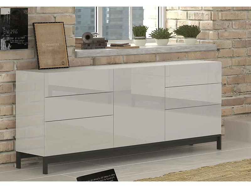 Edi dressoir, Keukendressoir met 1 deur en 6 laden, Woonkamerbuffet, Keukendressoir, 100% Made in Italy, 170x40h47 cm, Glanzend wit