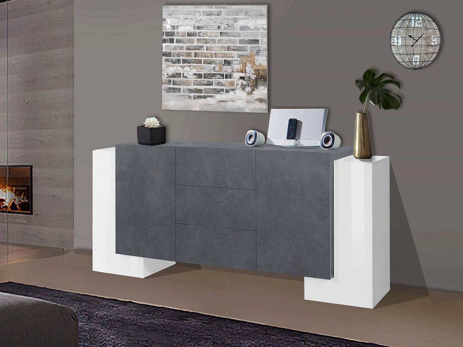 Credenza Fabio, Madia da cucina a 2 ante e 3 cassetti, Buffet da soggiorno, Madia da cucina, 100% Made in Italy, cm 210x45h85, Bianco lucido e Ardesia