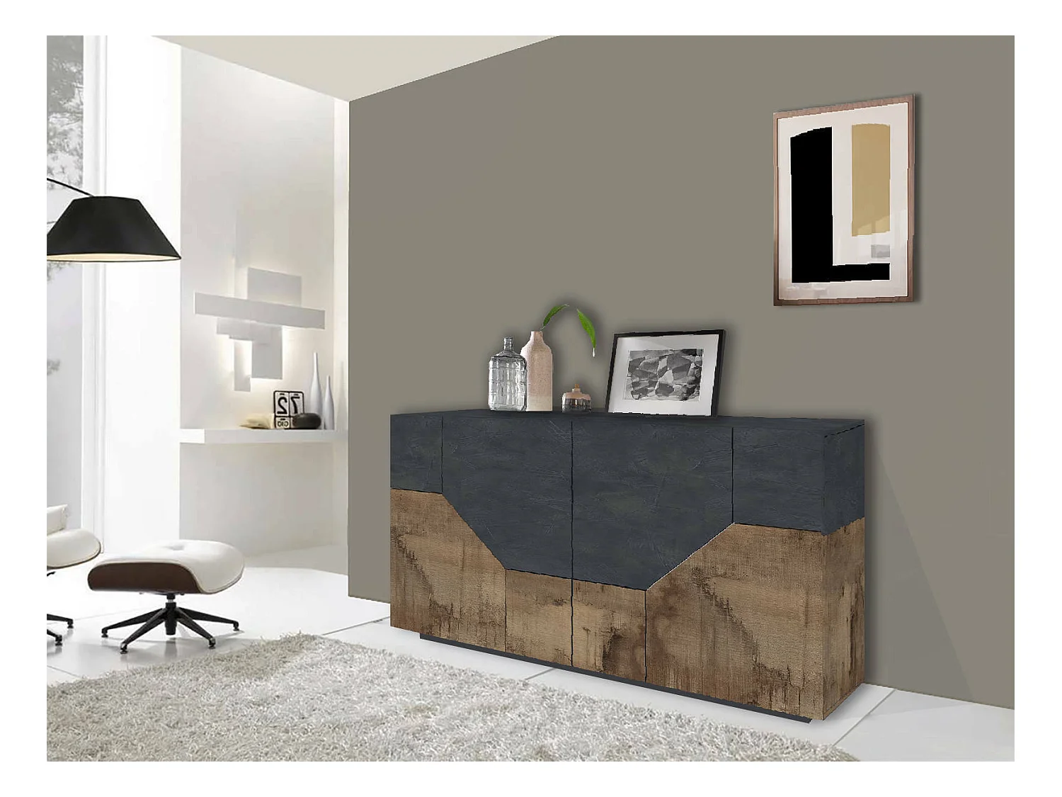 Carlo dressoir, Keukendressoir met 4 geometrische deuren, Woonkamerbuffet, Keukendressoir, 100% Made in Italy, 159x43h86 cm, Leisteen en esdoorn