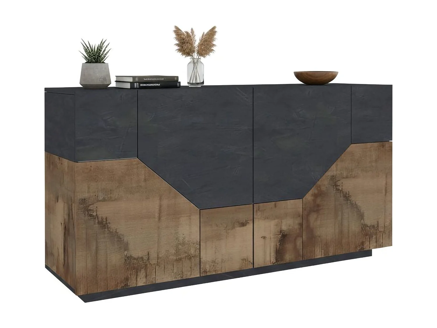 Aparador Carlo, Aparador de cozinha com 4 portas geométricas, Buffet de sala, Aparador de cozinha, 100% Fabricado em Itália, 159x43h86 cm, Ardósia e Bordo
