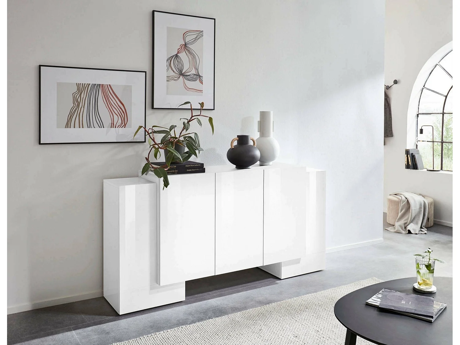 Buffet Logan, Buffet de cuisine 5 portes, Buffet de salon, 100% Made in Italy, 170x45h85 cm, Blanc brillant
