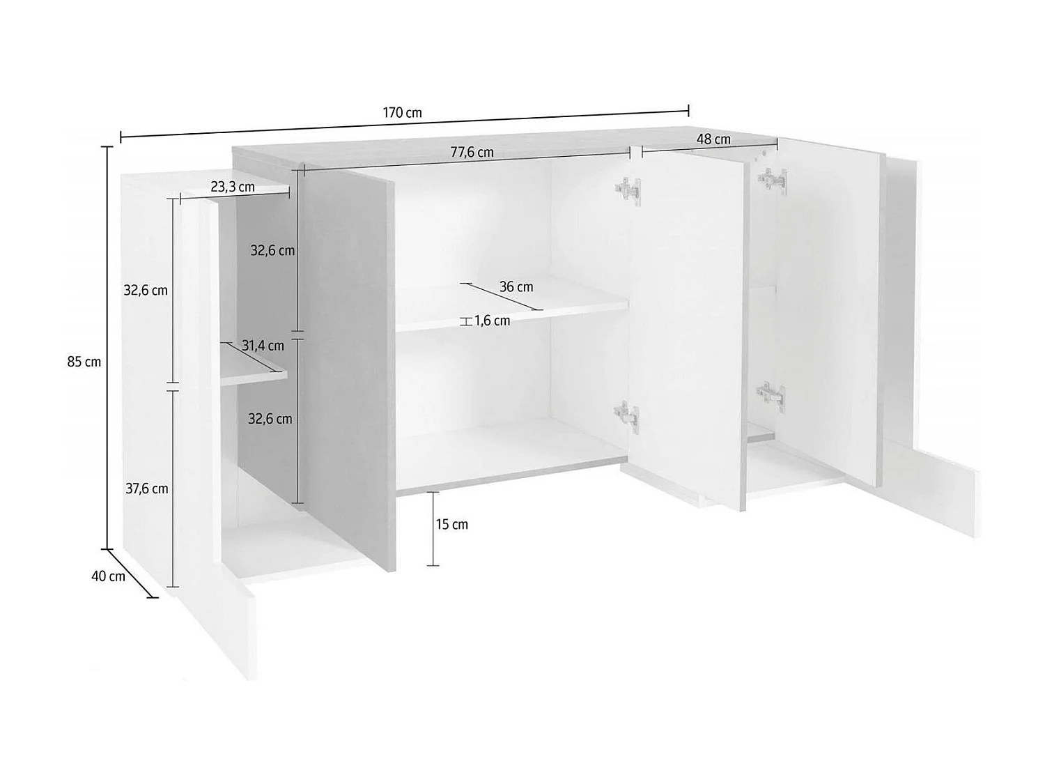 Buffet Logan, Buffet de cuisine 5 portes, Buffet de salon, 100% Made in Italy, 170x45h85 cm, Blanc brillant