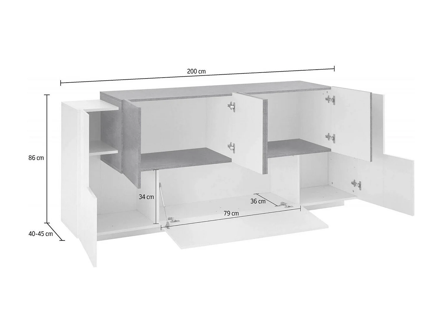 Buffet Gennaro, Buffet de cuisine avec 7 portes, Buffet de salon, Buffet de cuisine, 100% Made in Italy, 200x45h86 cm, Blanc brillant et ardoise