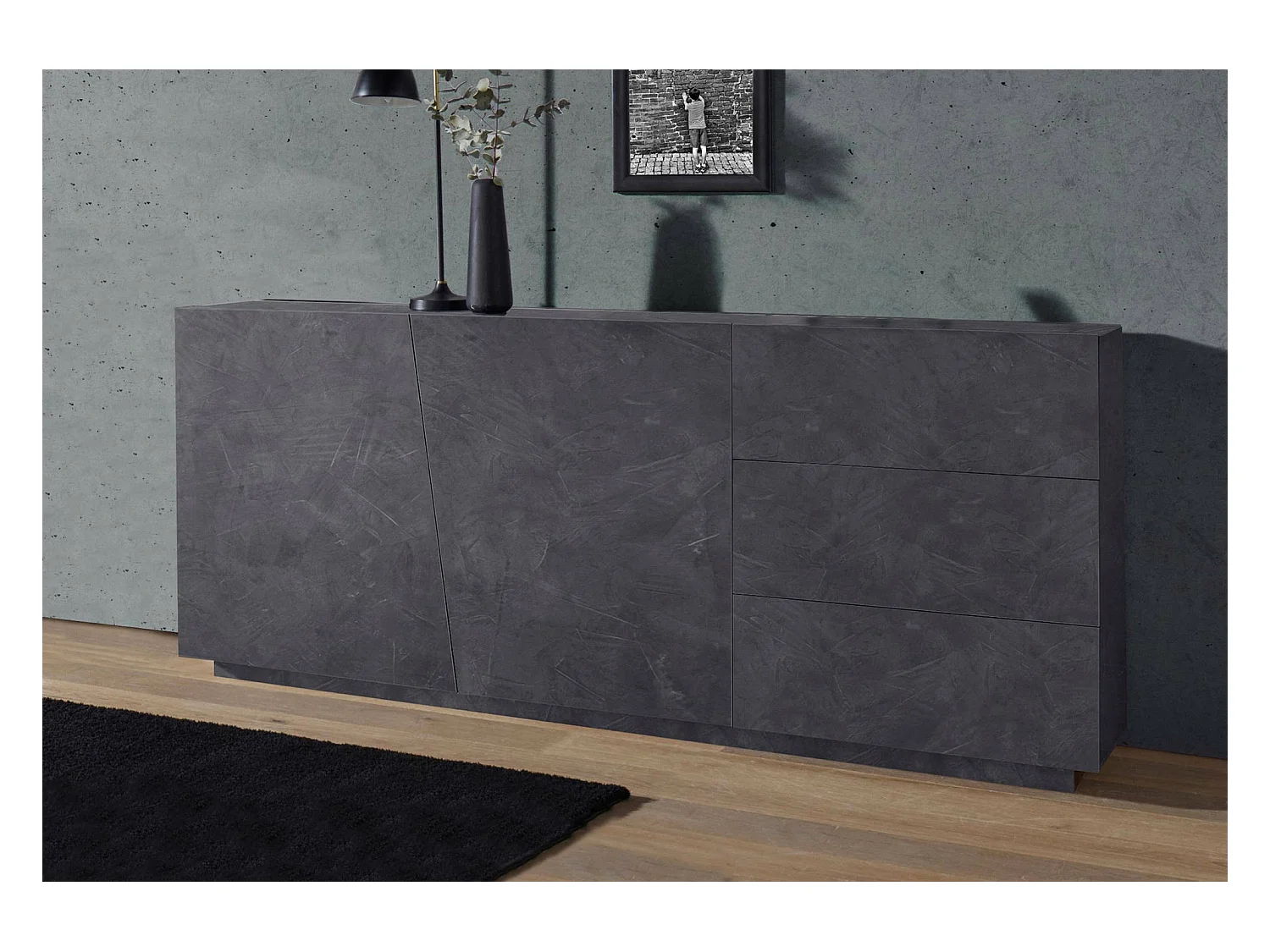 Buffet John, Buffet de cuisine avec 2 portes et 3 tiroirs, Buffet de salon, 100% Made in Italy, 180x43h86 cm, Ardoise