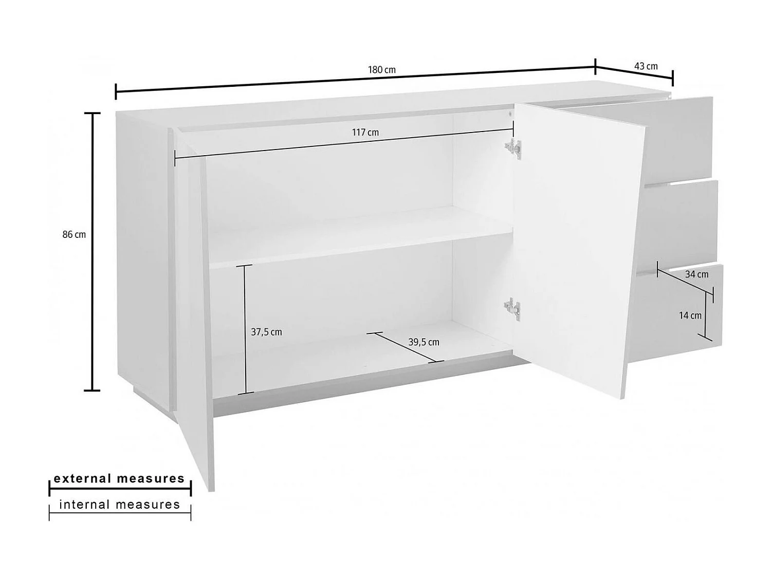 Buffet John, Buffet de cuisine avec 2 portes et 3 tiroirs, Buffet de salon, 100% Made in Italy, 180x43h86 cm, Ardoise