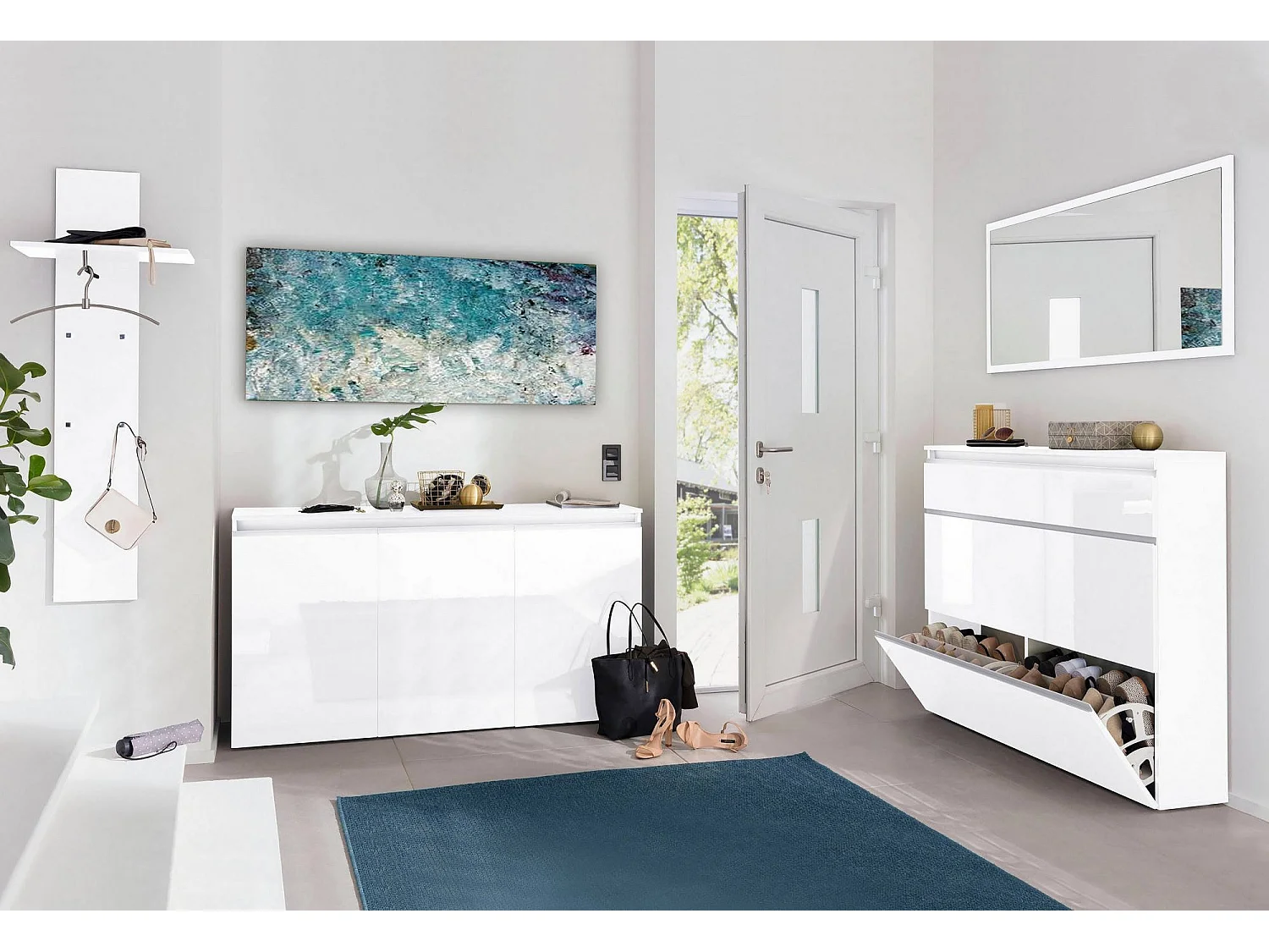 Credenza Pino, Madia da cucina a 3 ante, Buffet da soggiorno, 100% Made in Italy, cm 150x40h81, Bianco lucido