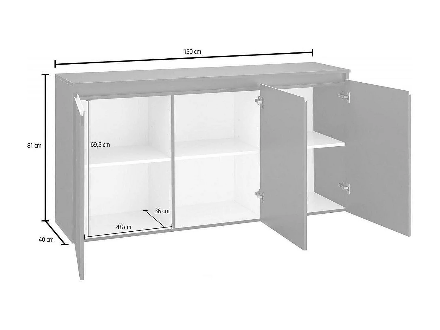 Credenza Pino, Madia da cucina a 3 ante, Buffet da soggiorno, 100% Made in Italy, cm 150x40h81, Bianco lucido