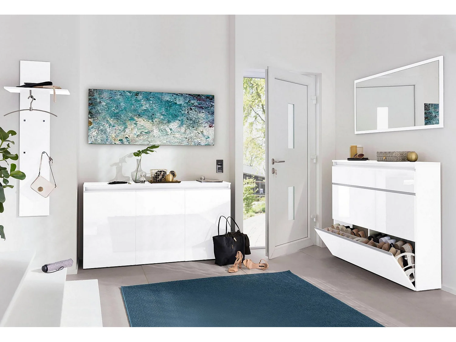 Dressoir Dmora Den 40x150x81h cm Wit Glanz 3 Planken, 3 Deuren, 6 Vakken Made in Italy
