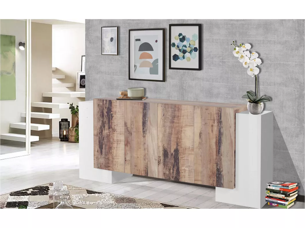 Kauf Unique Kommode Nando, Küchen-Sideboard mit 6 Türen, Wohnzimmer-Buffet, 100 % Made in Italy, 210 x 45 x 85 cm, glänzendes Weiß und Ahorn,