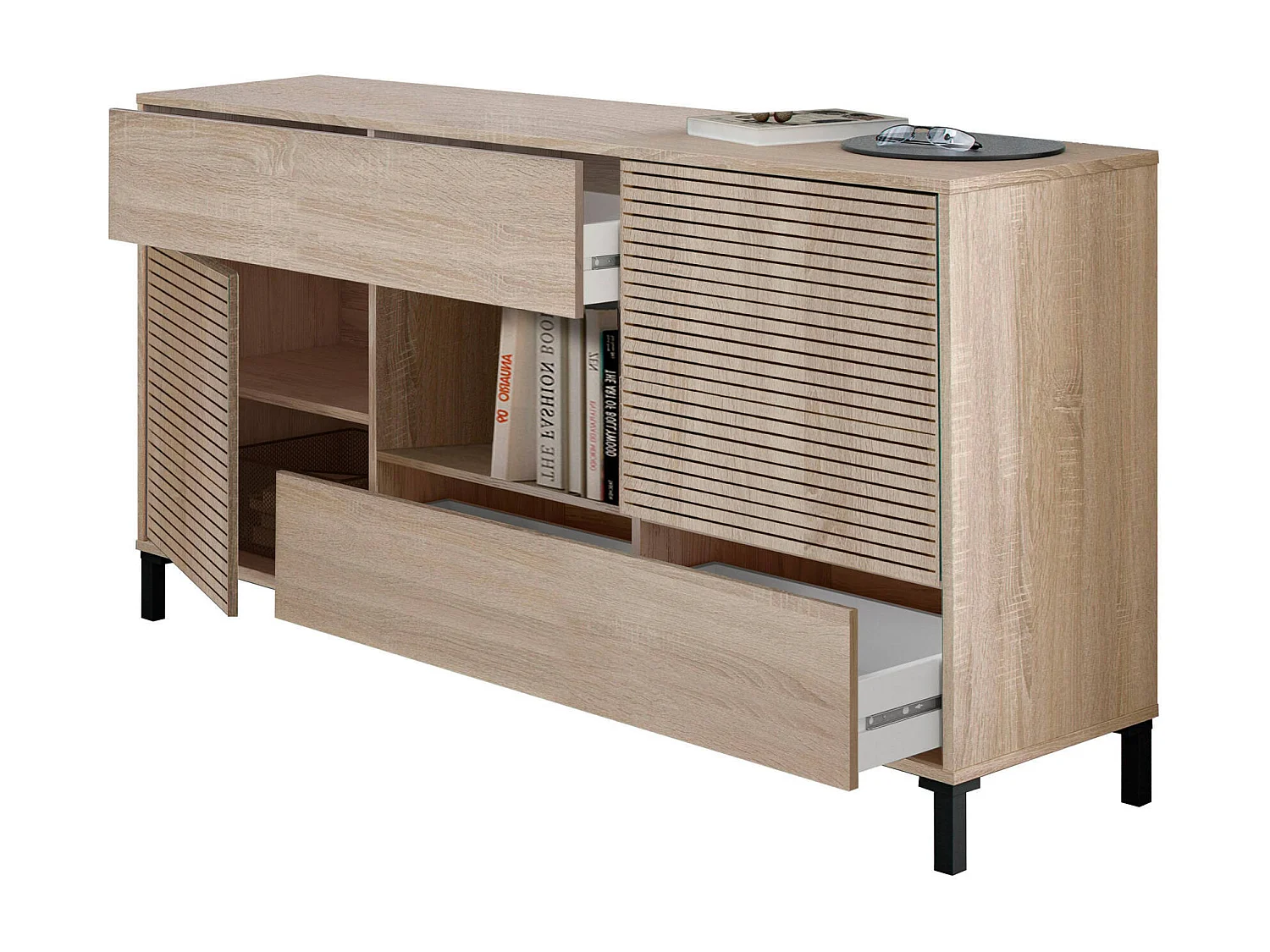 Waco dressoir, Woonkamerbuffet, TV-kast, Dressoir met poten voor woonkamer, Moderne kledingkast met 2 deuren, 151x41h80 cm, Eiken