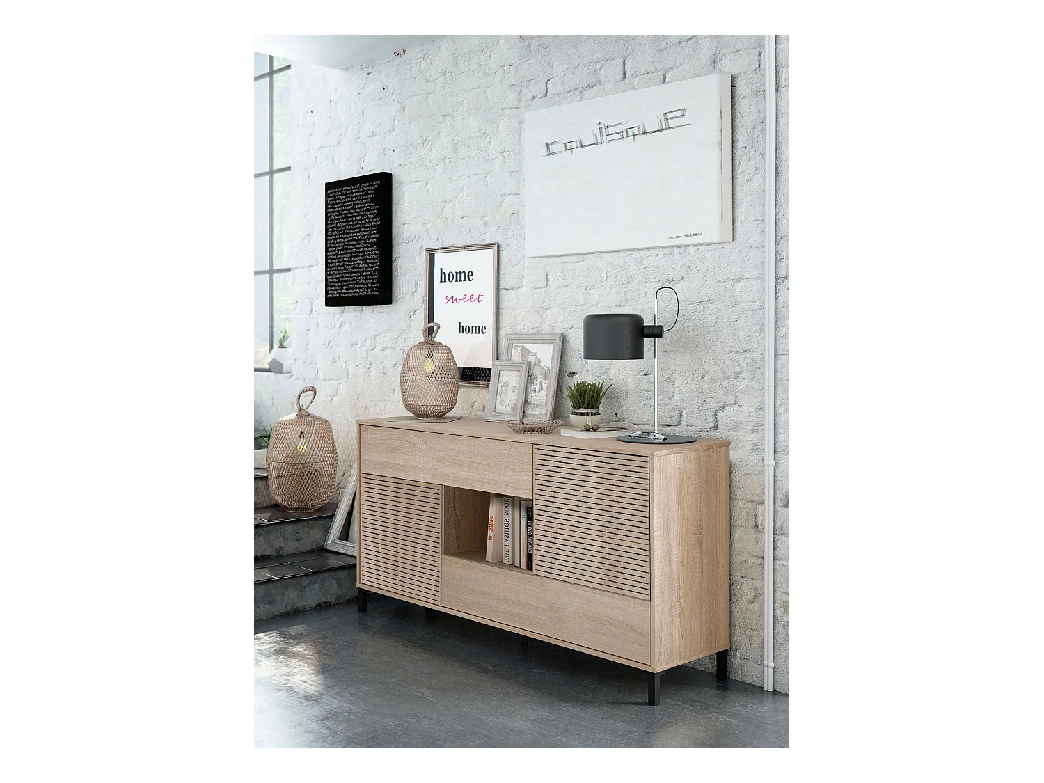 Buffet Waco, Buffet de salon, Meuble TV, Buffet avec pieds pour salon, Armoire moderne avec 2 portes, 151x41h80 cm, Chêne