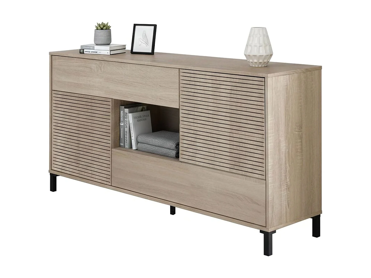 Aparador Waco, Buffet de salón, Mueble para TV, Aparador con pies para salón, Armario moderno con 2 puertas, 151x41h80 cm, Roble