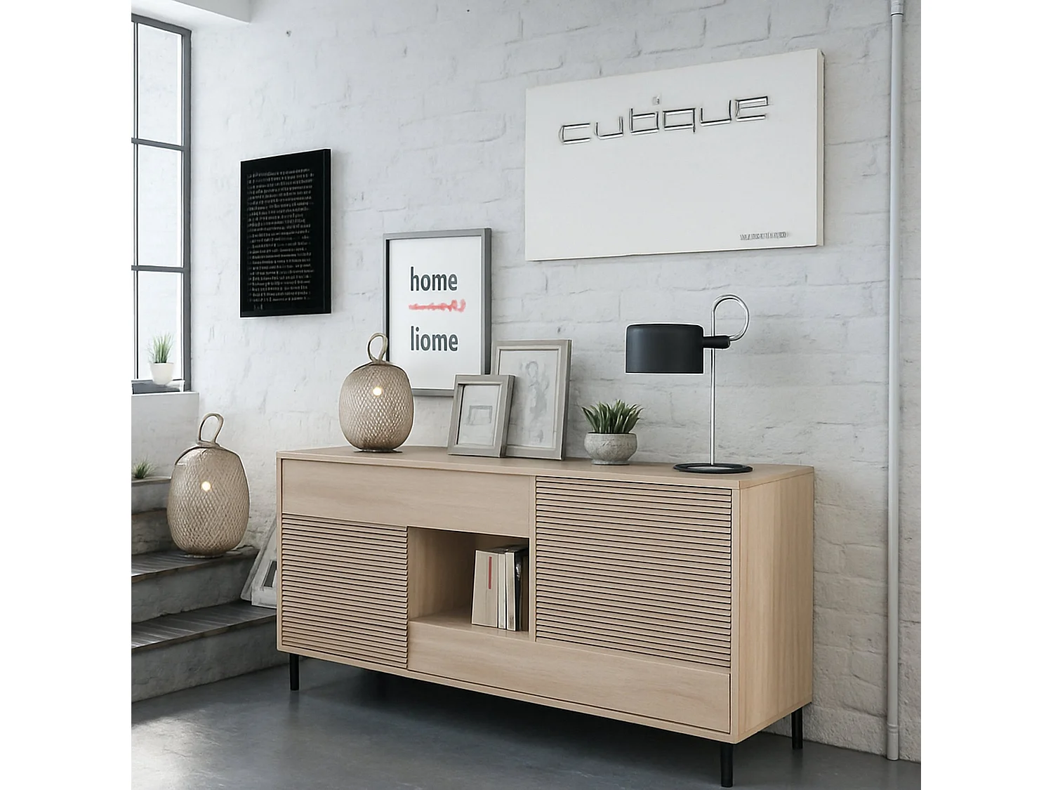 Aparador Waco, Buffet de salón, Mueble para TV, Aparador con pies para salón, Armario moderno con 2 puertas, 151x41h80 cm, Roble