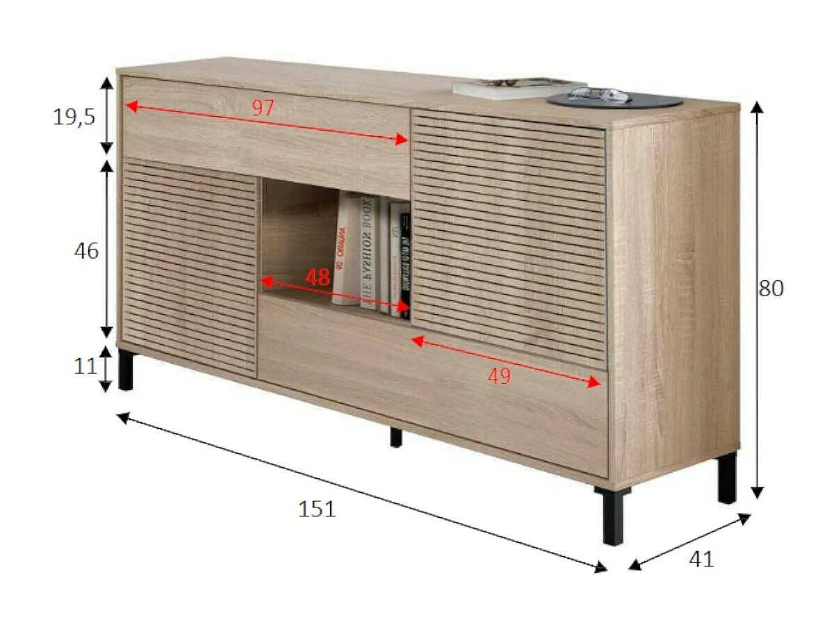 Aparador Waco, Buffet de salón, Mueble para TV, Aparador con pies para salón, Armario moderno con 2 puertas, 151x41h80 cm, Roble