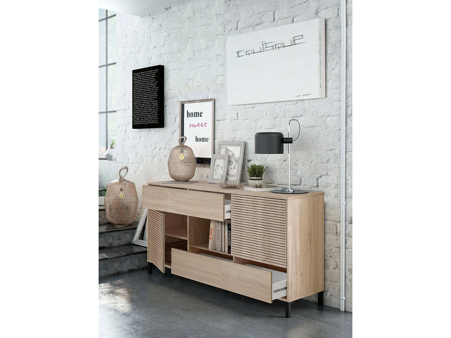 Aparador Waco, Buffet de salón, Mueble para TV, Aparador con pies para salón, Armario moderno con 2 puertas, 151x41h80 cm, Roble