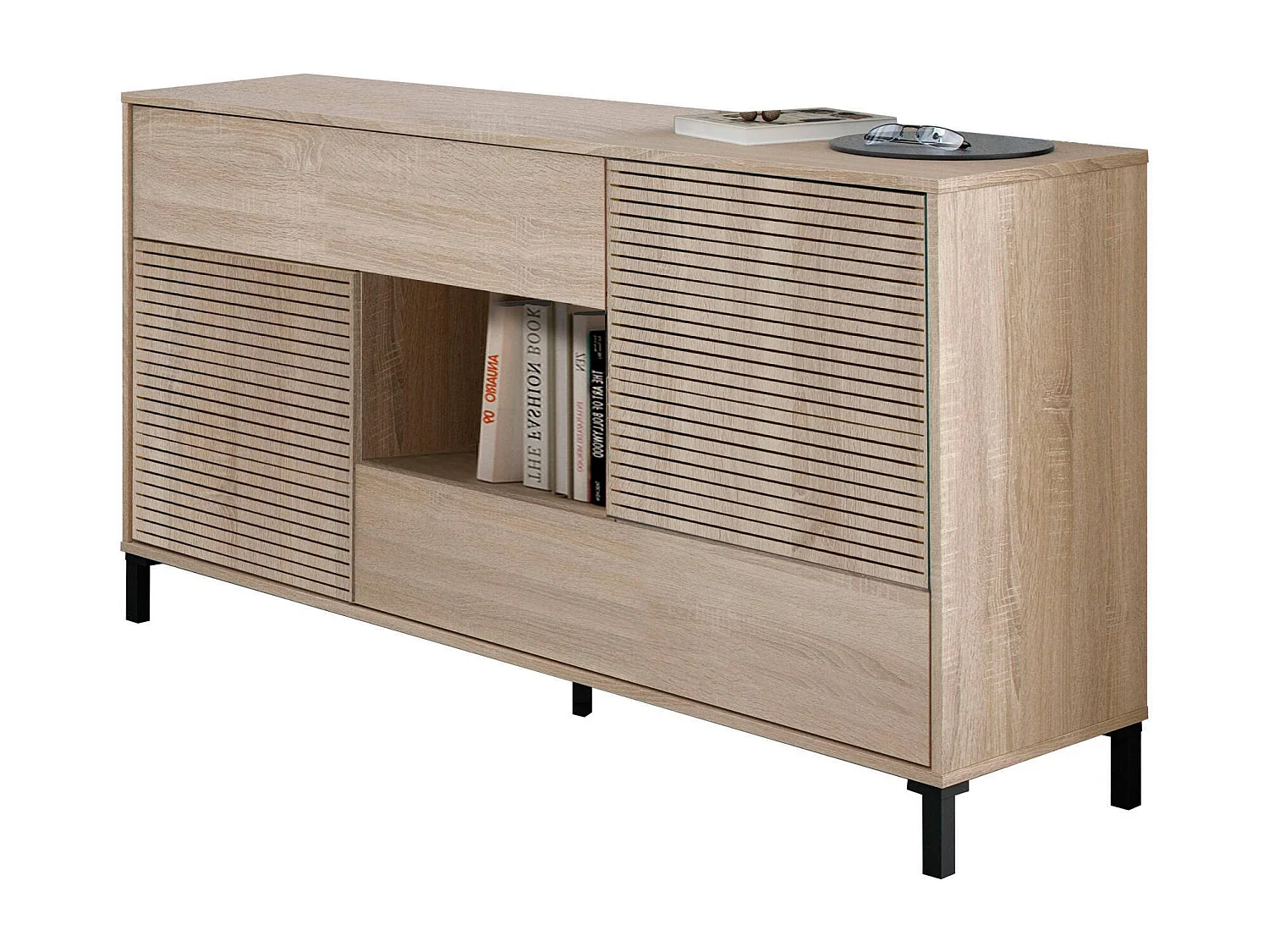 Aparador Waco, Buffet de salón, Mueble para TV, Aparador con pies para salón, Armario moderno con 2 puertas, 151x41h80 cm, Roble