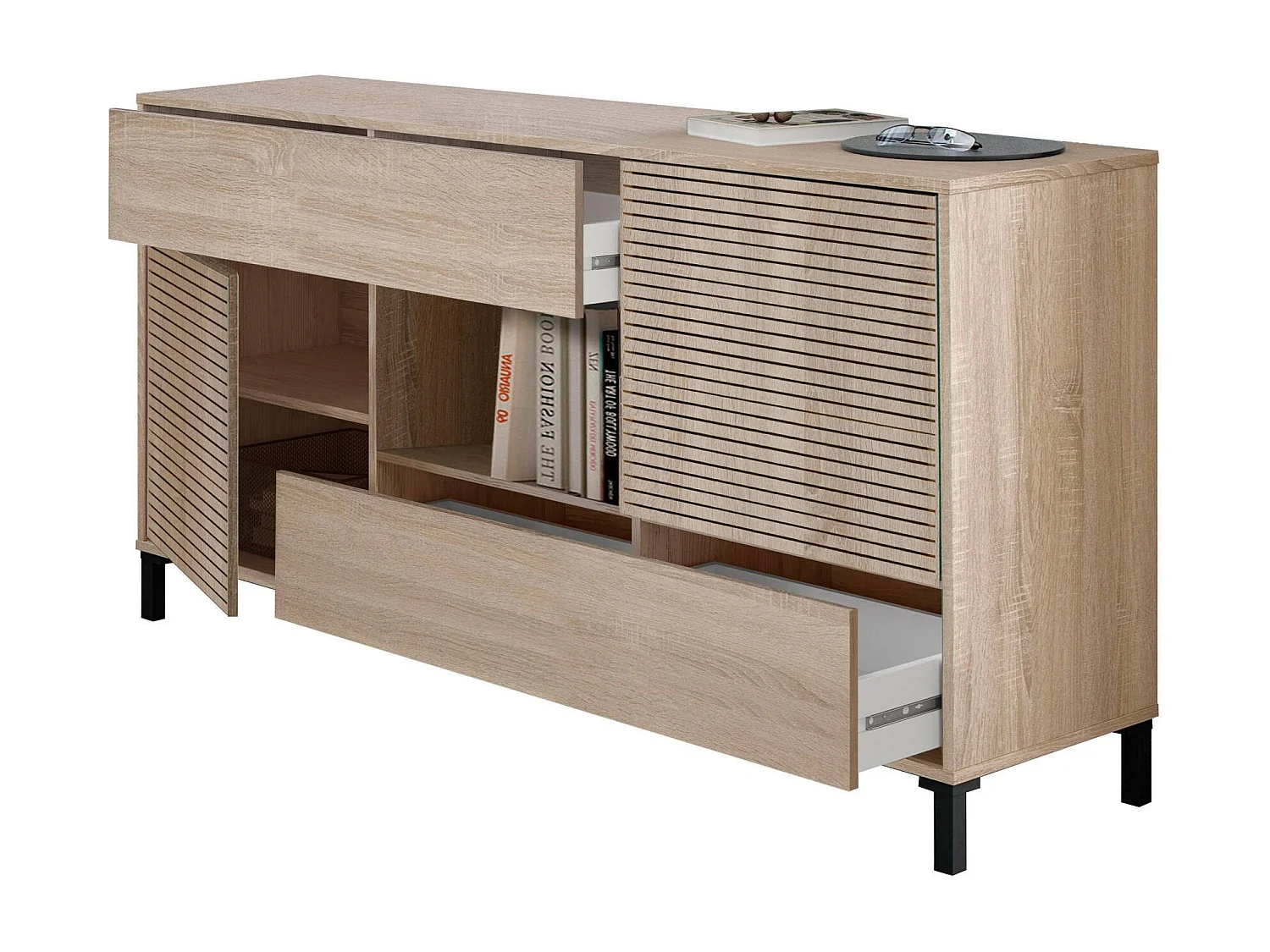 Aparador Waco, Buffet de salón, Mueble para TV, Aparador con pies para salón, Armario moderno con 2 puertas, 151x41h80 cm, Roble