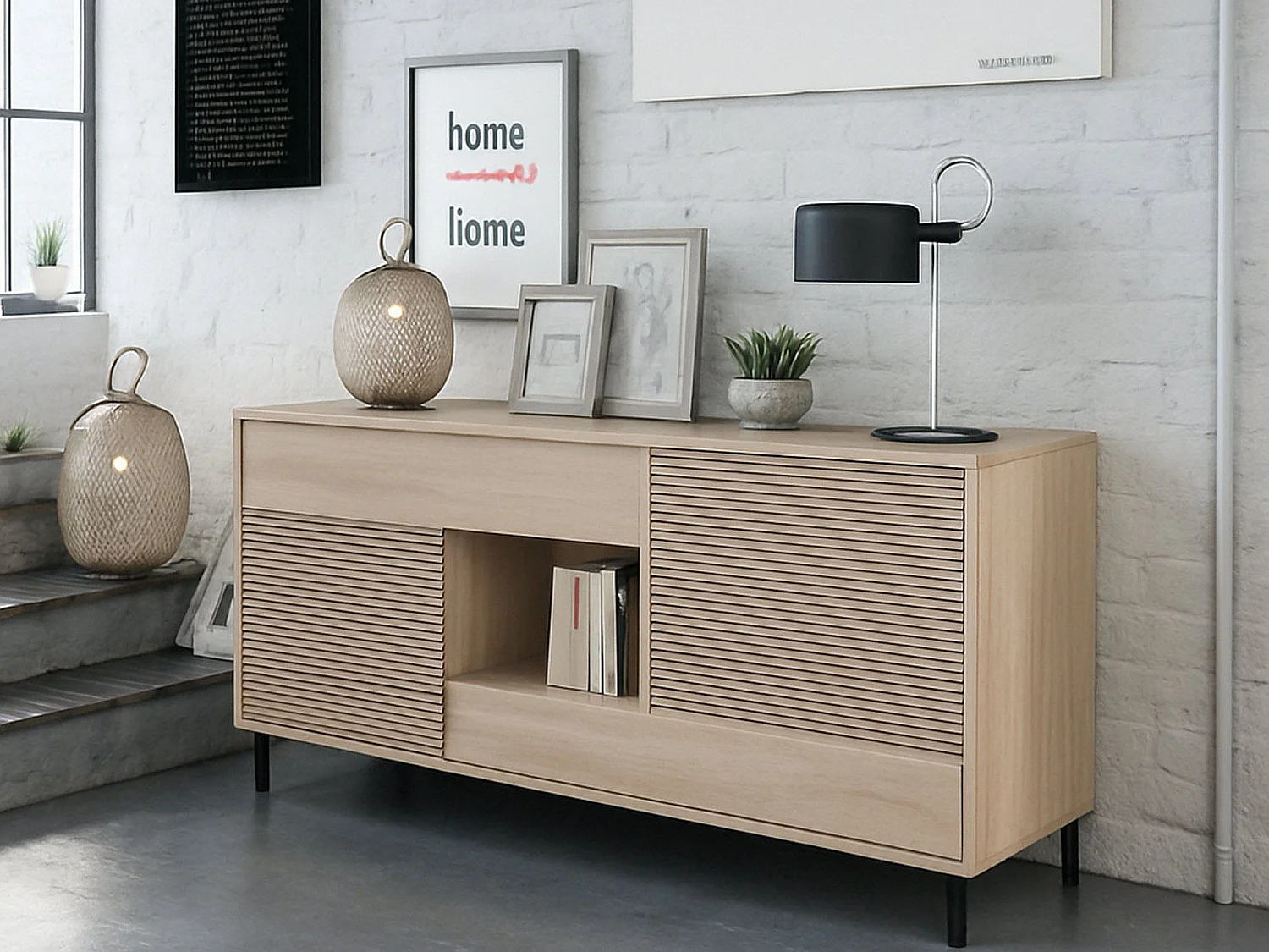 Aparador Waco, Buffet de salón, Mueble para TV, Aparador con pies para salón, Armario moderno con 2 puertas, 151x41h80 cm, Roble