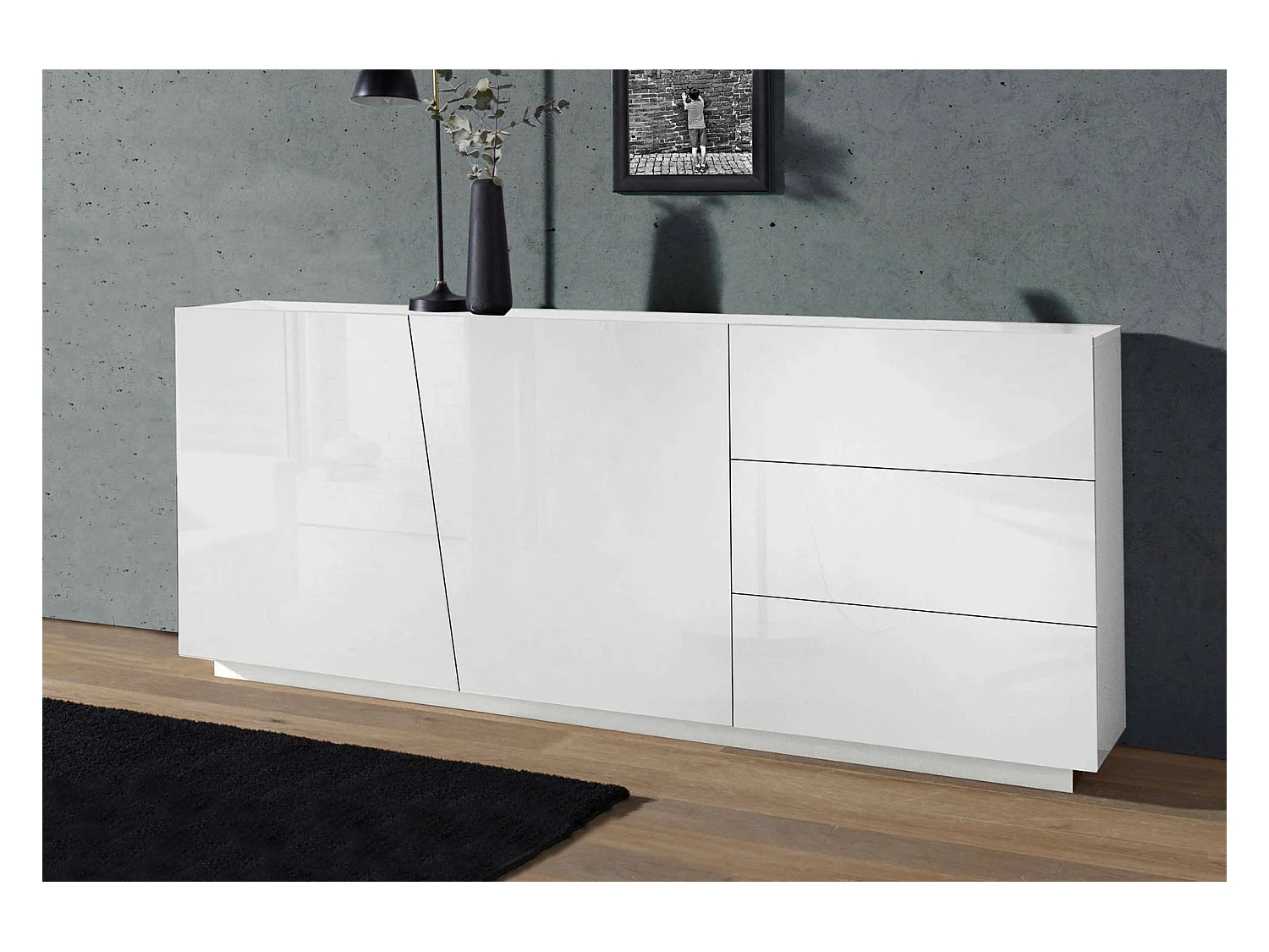 John dressoir, Keukendressoir met 2 deuren en 3 laden, Woonkamerbuffet, 100% Made in Italy, 180x43h86 cm, Glanzend wit