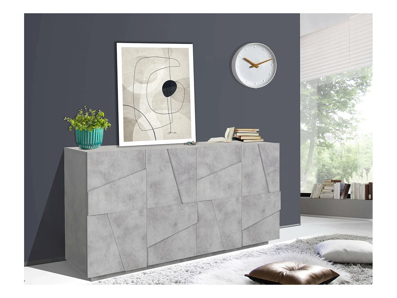 Noel dressoir, Keukendressoir met 4 deuren, Woonkamerbuffet, 100% Made in Italy, 162x44h86 cm, Cement