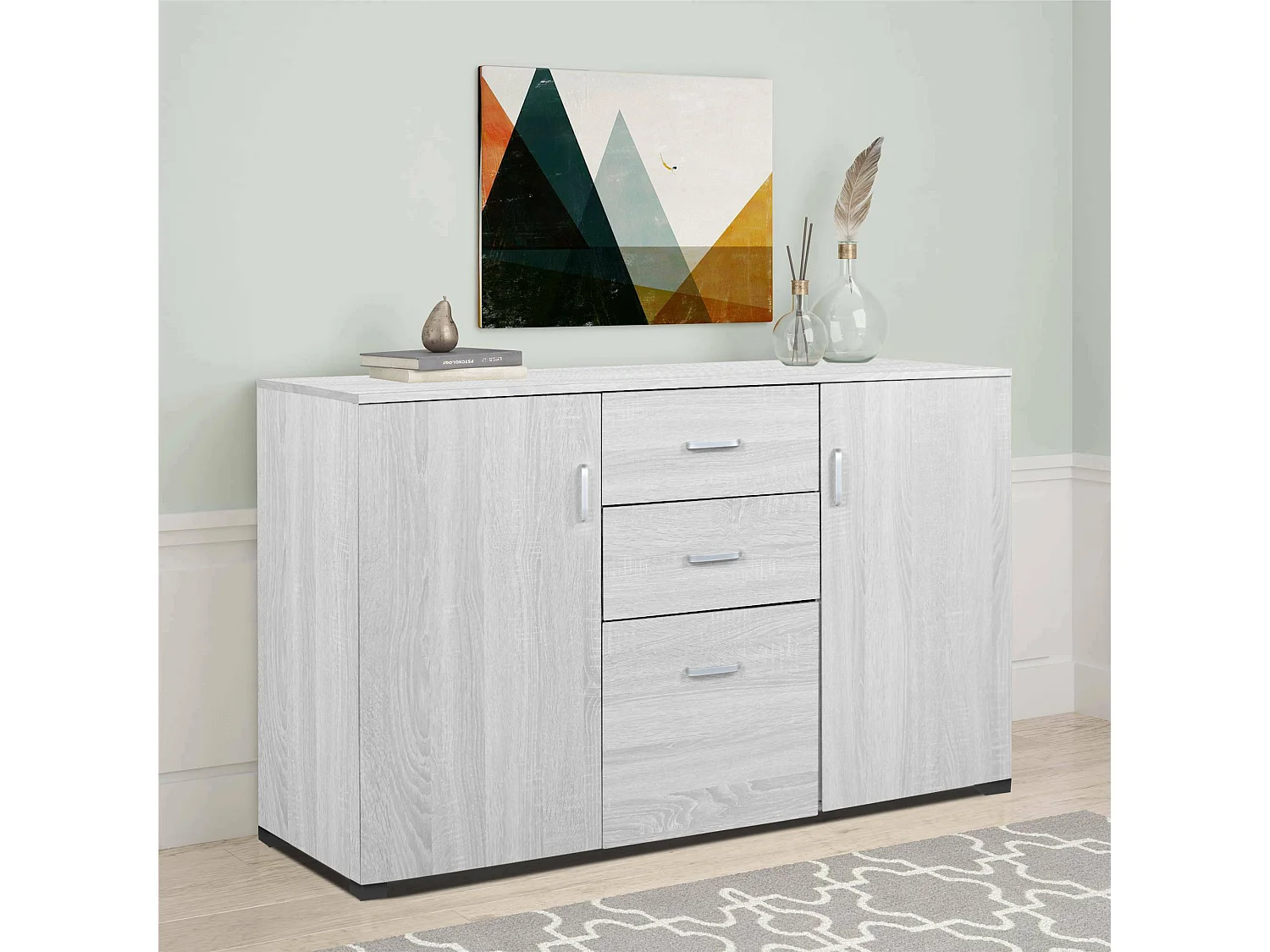 Placard Benidorm, Buffet de salon, Buffet de salon, Buffet moderne avec 3 portes et 2 tiroirs, 120x40h83 cm, Gris