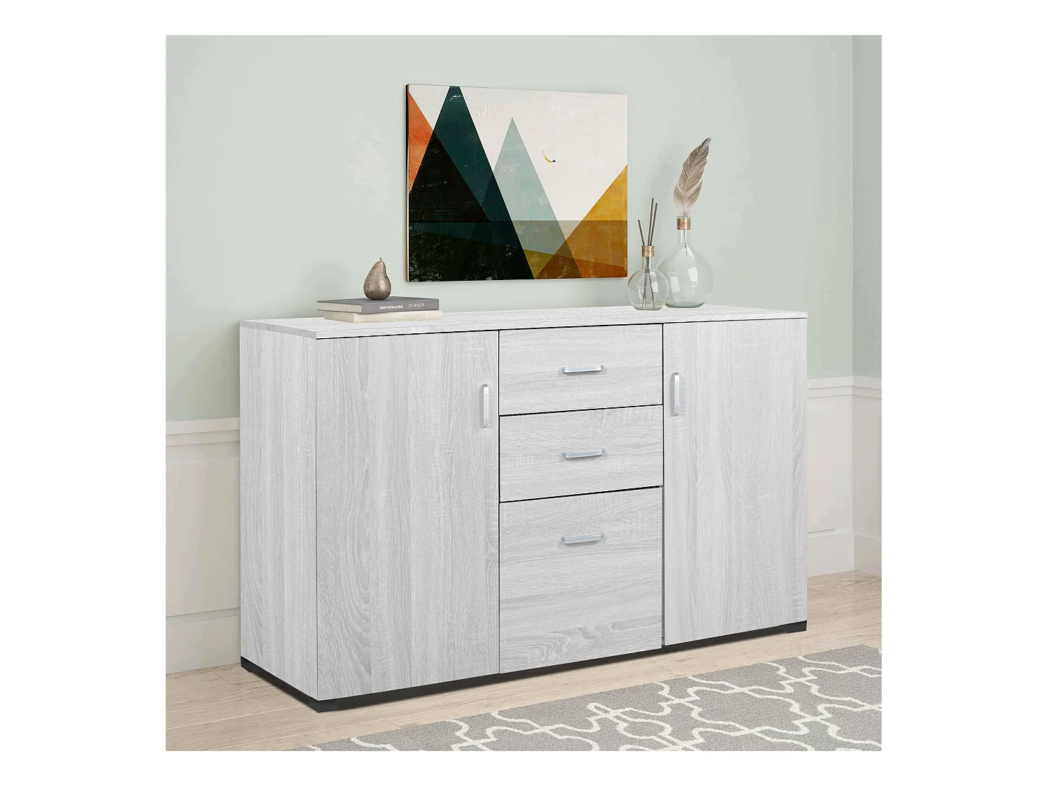 Placard Benidorm, Buffet de salon, Buffet de salon, Buffet moderne avec 3 portes et 2 tiroirs, 120x40h83 cm, Gris