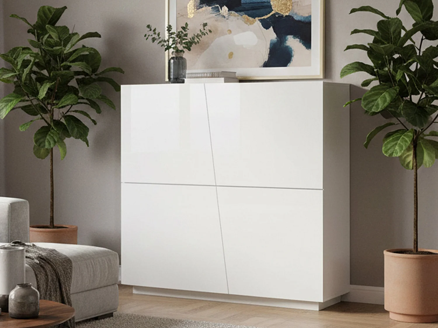 Buffet Pavel, Buffet de cuisine 4 portes, Buffet de salon, 100% Made in Italy, 120x43h126 cm, Blanc brillant