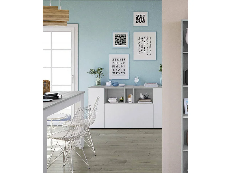 Paterson Sideboard, Wohnzimmer-Buffet mit Fächern, Wohnzimmer-Sideboard, TV-Ständer, moderner Kleiderschrank mit 3 Türen, 150 x 41 x 76 cm, Weiß und Zement