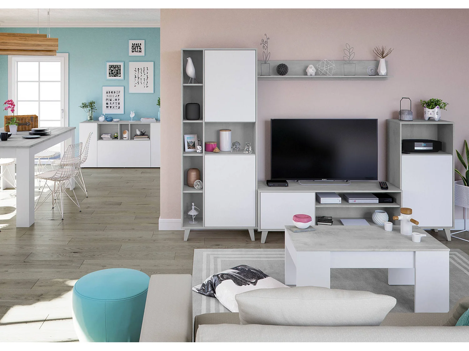 Buffet Paterson, Buffet de salon avec compartiments, Buffet de salon, Meuble TV, Armoire moderne avec 3 portes, 150x41h76 cm, Blanc et Ciment