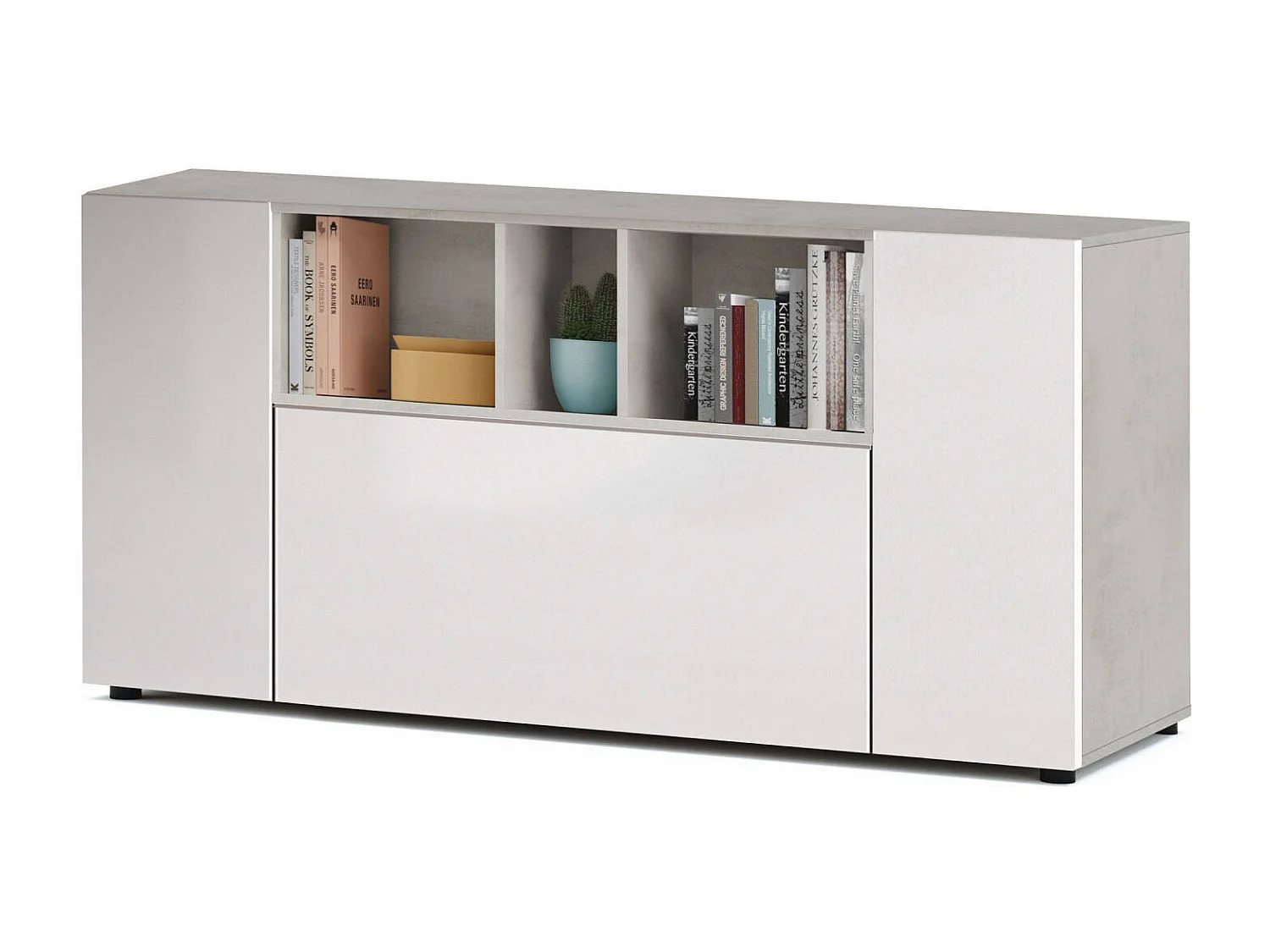 Buffet Paterson, Buffet de salon avec compartiments, Buffet de salon, Meuble TV, Armoire moderne avec 3 portes, 150x41h76 cm, Blanc et Ciment