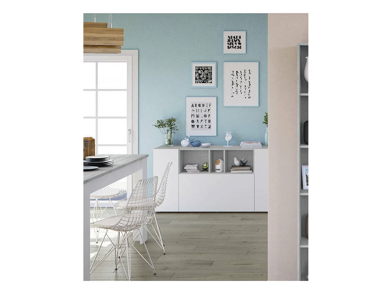 Buffet Paterson, Buffet de salon avec compartiments, Buffet de salon, Meuble TV, Armoire moderne avec 3 portes, 150x41h76 cm, Blanc et Ciment