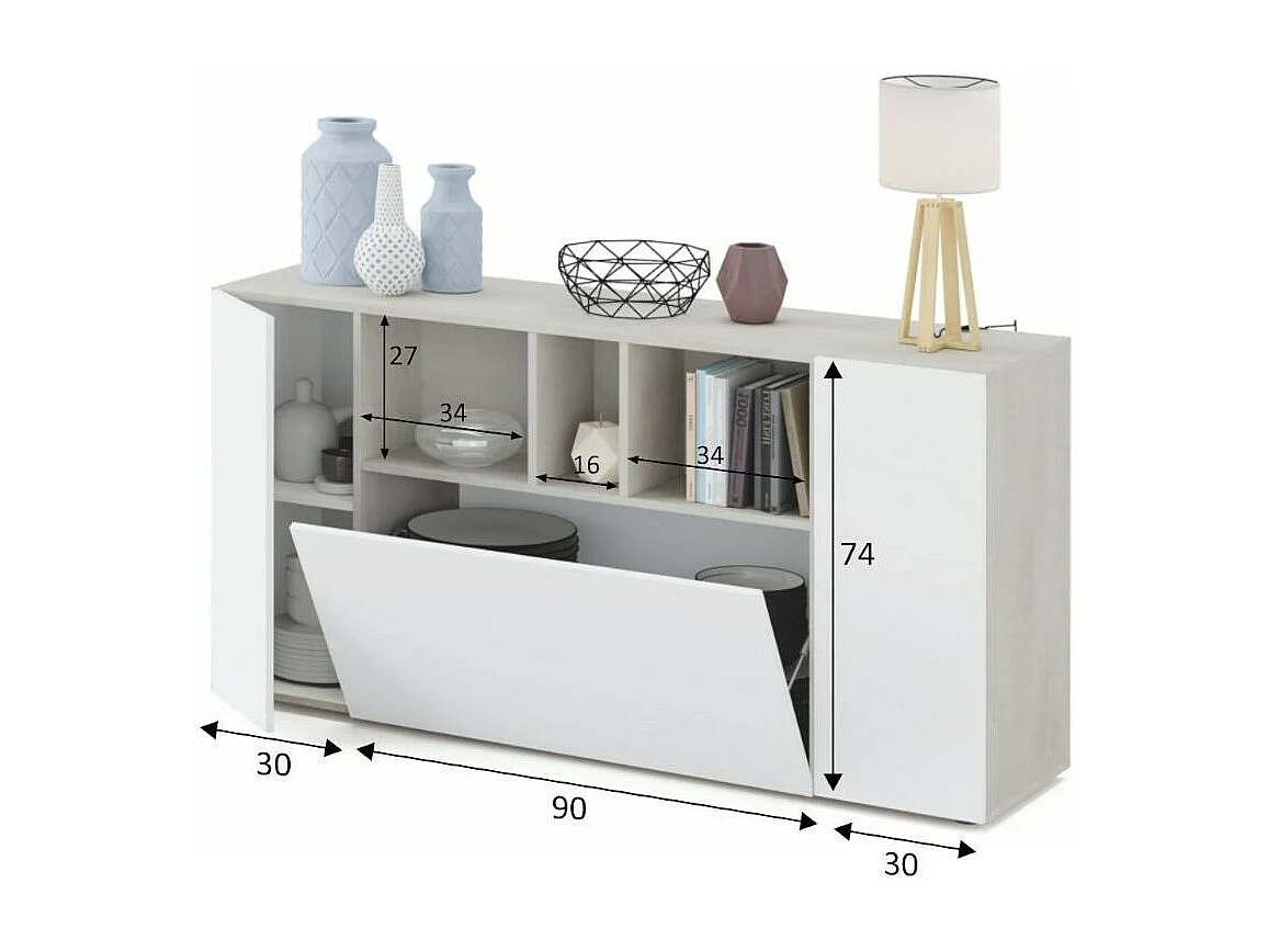 Paterson Dressoir, Woonkamerbuffet met vakken, Woonkamerdressoir, TV-meubel, Moderne kledingkast met 3 deuren, 150x41h76 cm, Wit en Cement