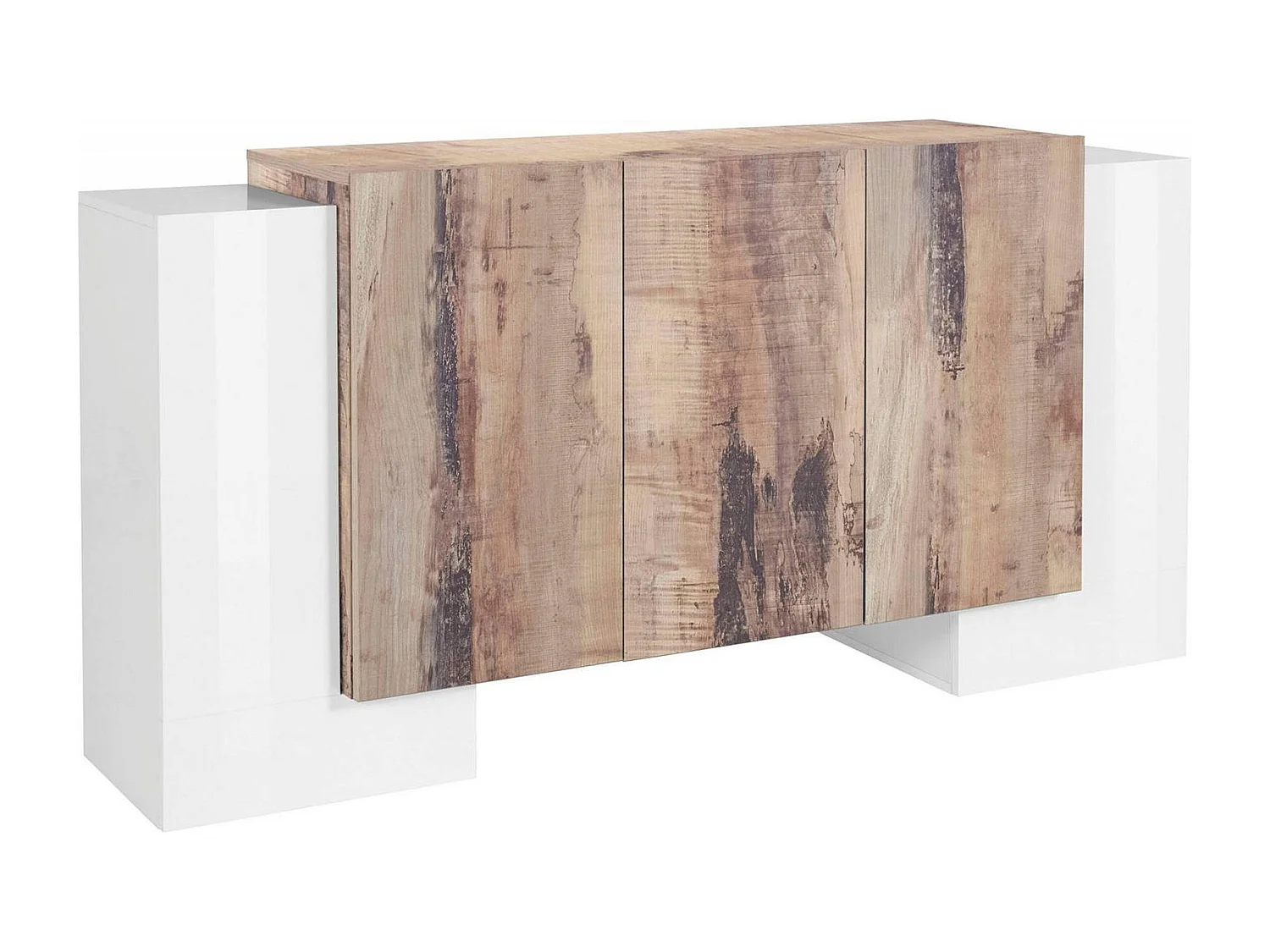 Buffet Logan, Buffet de cuisine avec 5 portes, Buffet de salon, 100% Made in Italy, 170x45h85 cm, Blanc brillant et Érable