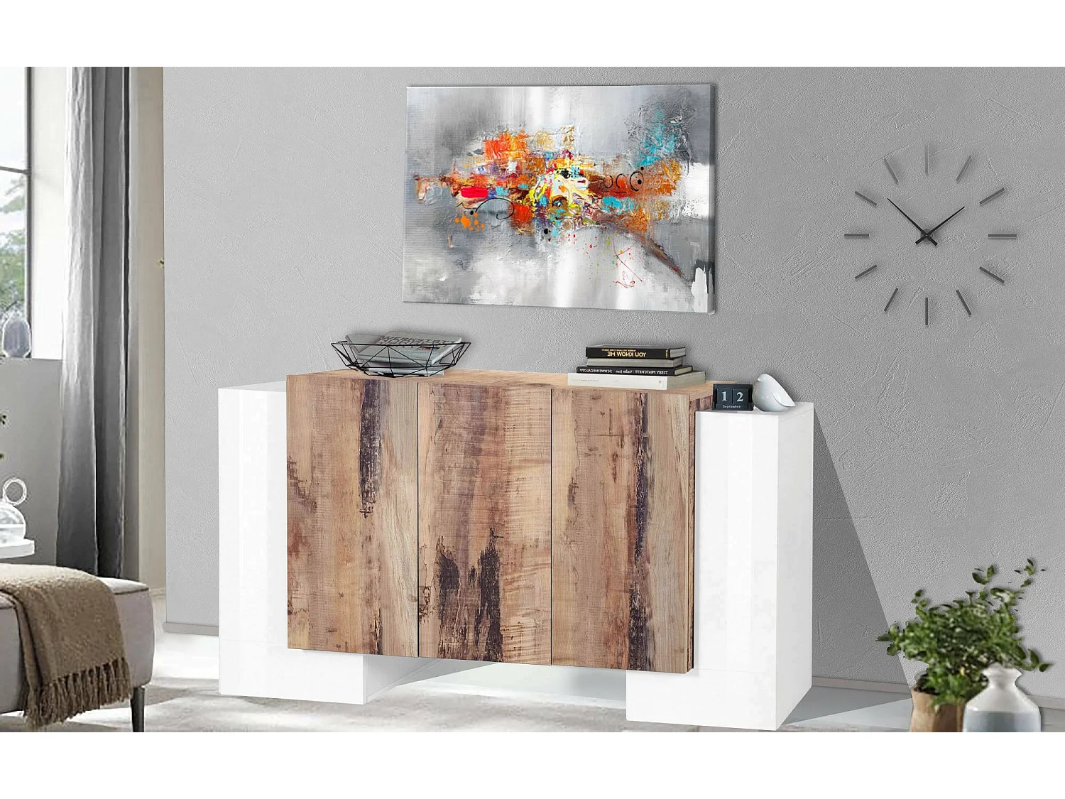Buffet Logan, Buffet de cuisine avec 5 portes, Buffet de salon, 100% Made in Italy, 170x45h85 cm, Blanc brillant et Érable