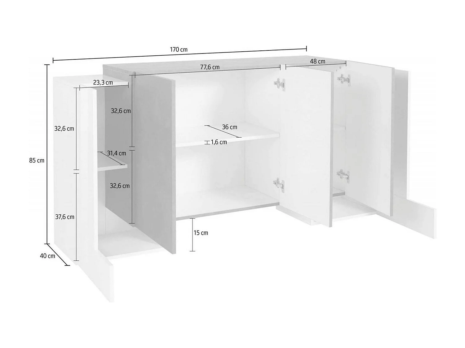 Buffet Logan, Buffet de cuisine avec 5 portes, Buffet de salon, 100% Made in Italy, 170x45h85 cm, Blanc brillant et Érable