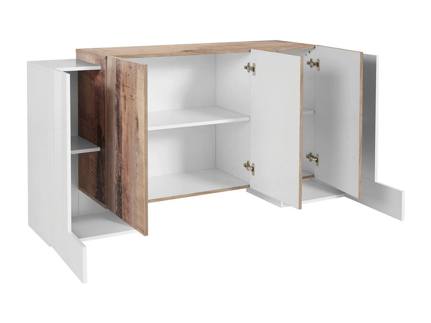 Buffet Logan, Buffet de cuisine avec 5 portes, Buffet de salon, 100% Made in Italy, 170x45h85 cm, Blanc brillant et Érable
