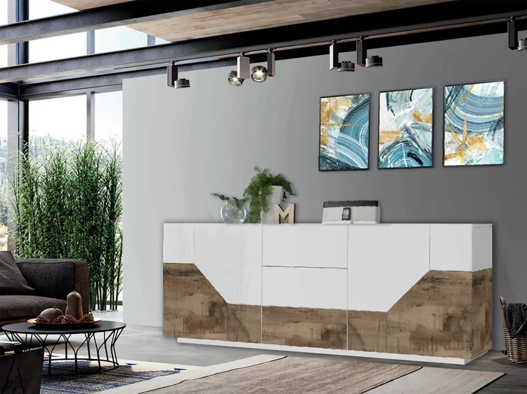 Kauf Unique Kommode Sebastian, Küchen-Sideboard mit 4 Türen und 3 Schubladen, Wohnzimmer-Buffet, 100 % Made in Italy, 220 x 43 x 86 cm, glänzendes Weiß und Ahorn,