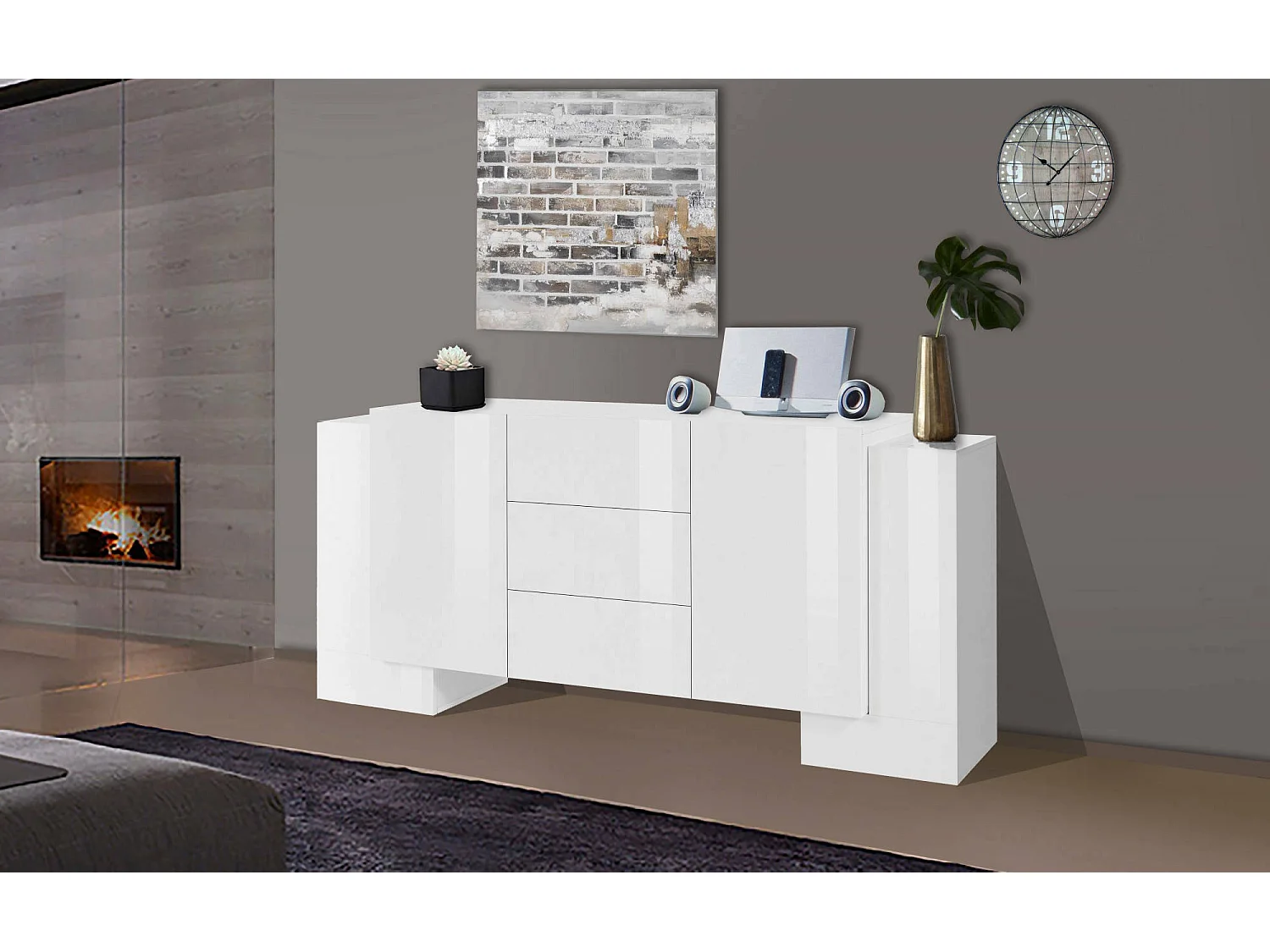 Buffet Fabio, Buffet de cuisine avec 2 portes et 3 tiroirs, Buffet de salon, Buffet de cuisine, 100% Made in Italy, 210x45h85 cm, Blanc brillant