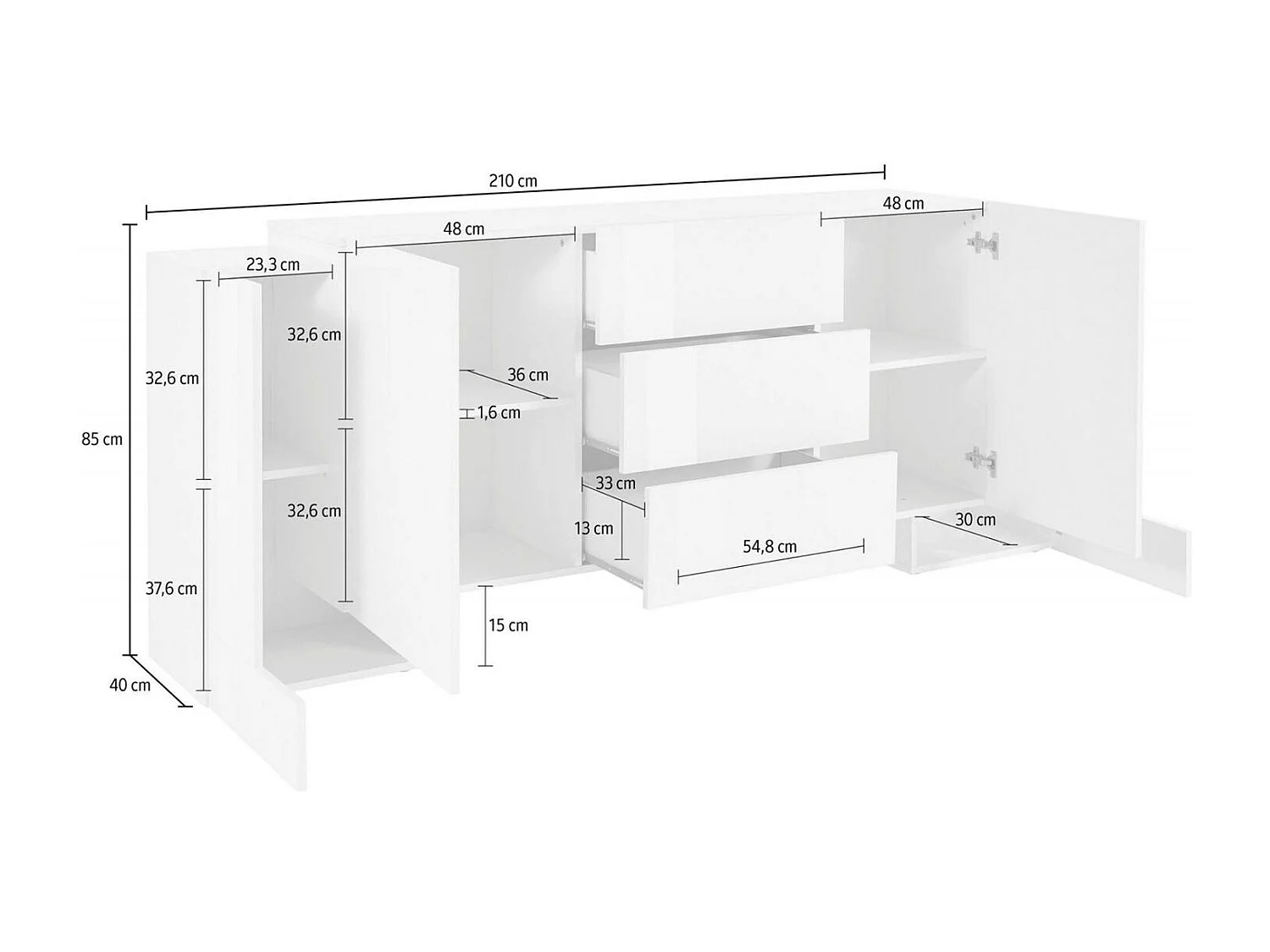 Buffet Fabio, Buffet de cuisine avec 2 portes et 3 tiroirs, Buffet de salon, Buffet de cuisine, 100% Made in Italy, 210x45h85 cm, Blanc brillant
