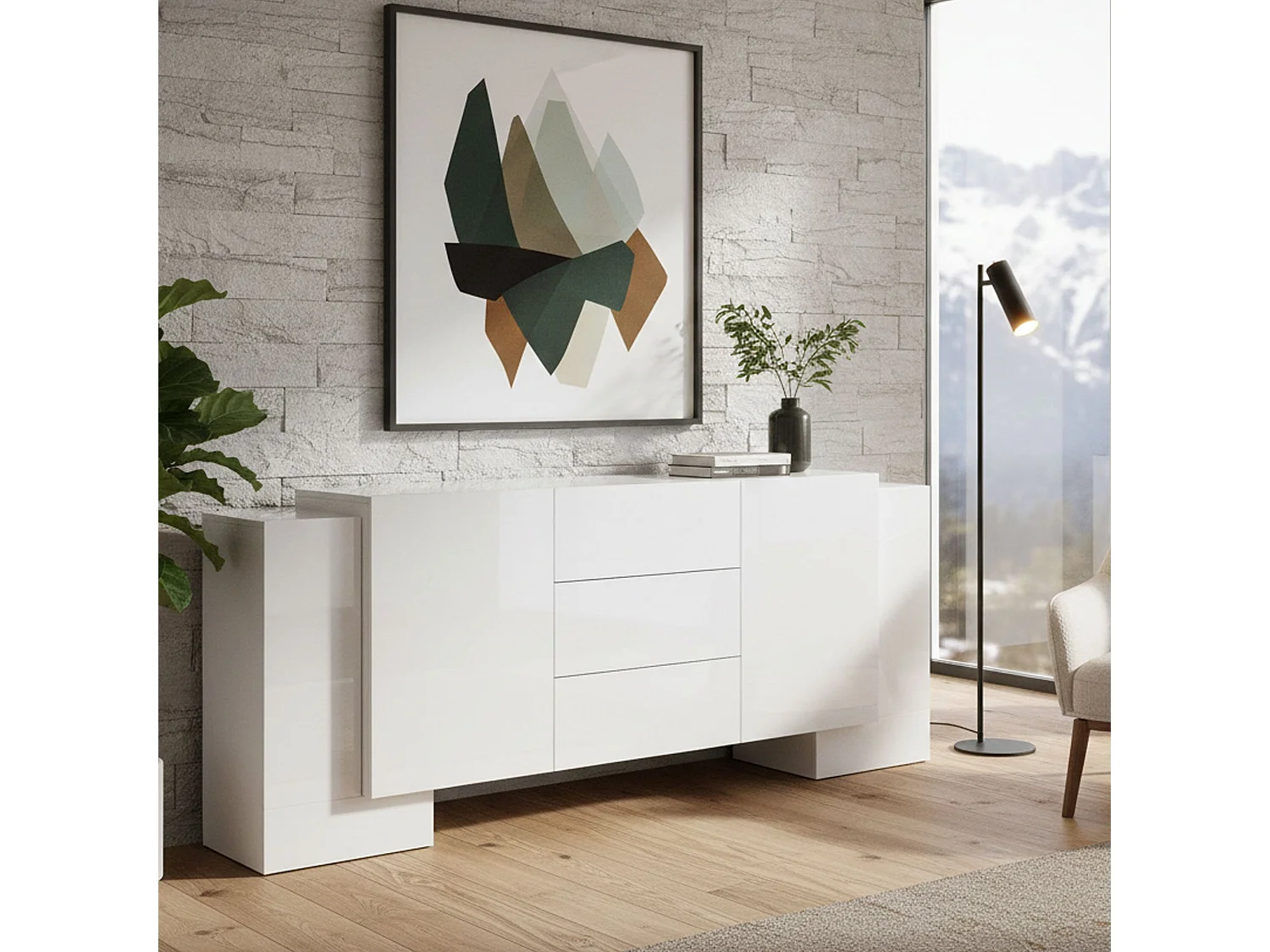 Dmora Dressoir Fabio 45x210x85h cm Wit Glans 4 Planken 3 Laden, Kast 8 Vakken Made in Italy