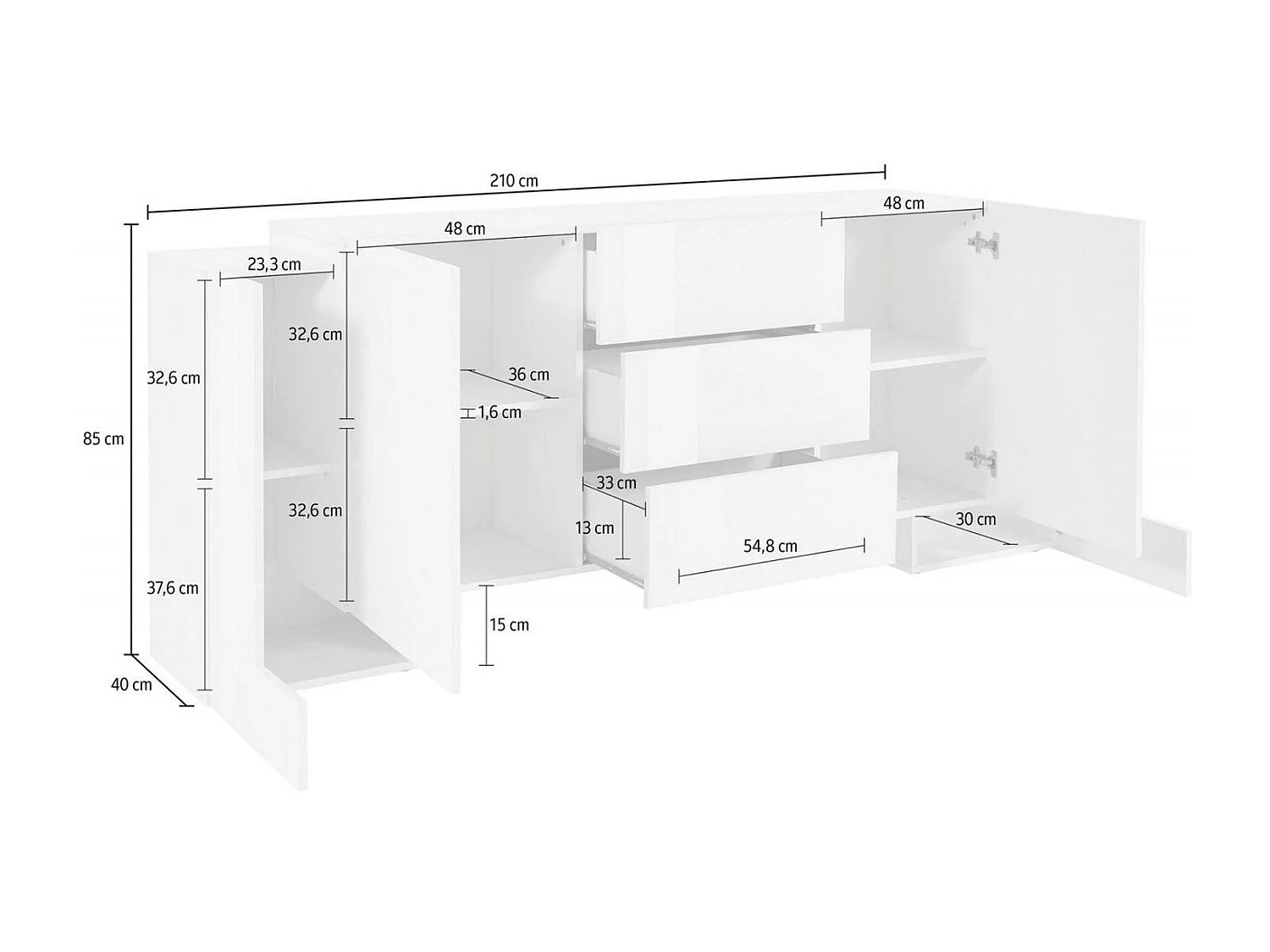 Dmora Dressoir Fabio 45x210x85h cm Wit Glans 4 Planken 3 Laden, Kast 8 Vakken Made in Italy