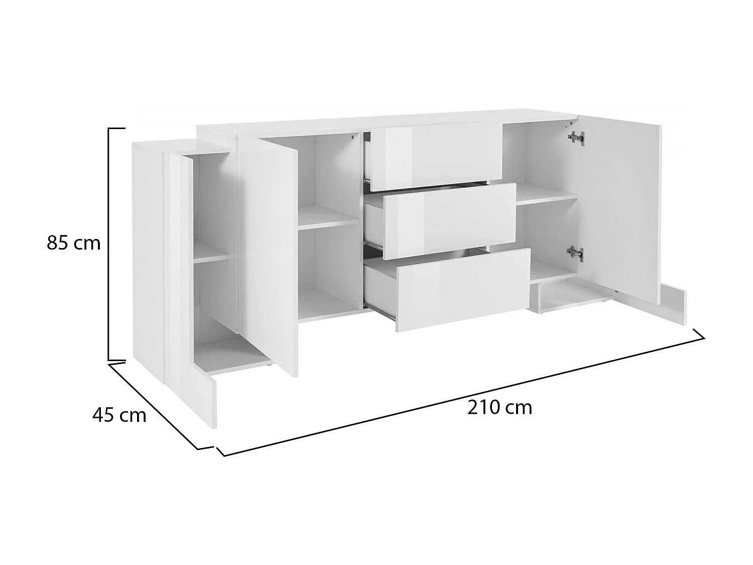 Dmora Dressoir Fabio 45x210x85h cm Wit Glans 4 Planken 3 Laden, Kast 8 Vakken Made in Italy