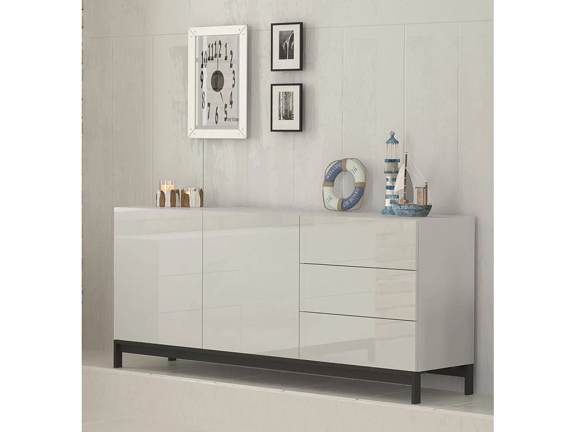 Louis dressoir, Keukendressoir met 2 deuren en 3 laden, Woonkamerbuffet, 100% Made in Italy, 170x40h47 cm, Glanzend wit