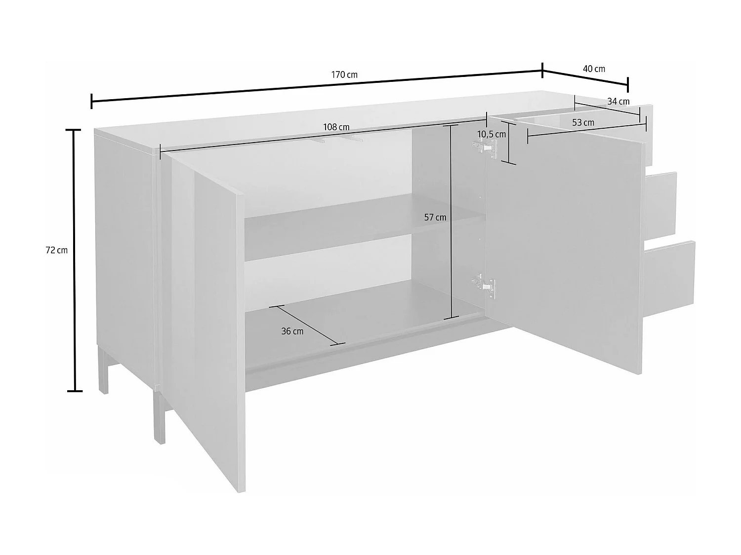 Louis dressoir, Keukendressoir met 2 deuren en 3 laden, Woonkamerbuffet, 100% Made in Italy, 170x40h47 cm, Glanzend wit
