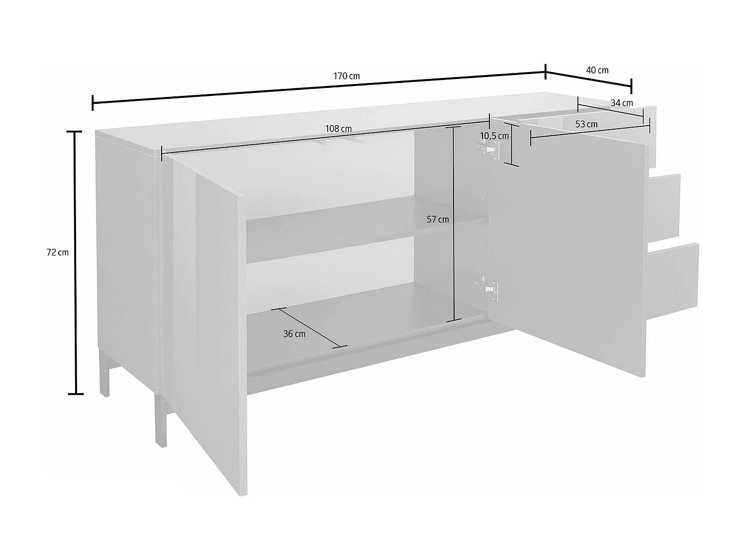 Dmora Dressoir Louis 40x170x47,7h cm Wit Glanz, Plank, 3 Laden, Dressoir 2 Vakken Gemaakt in Italië