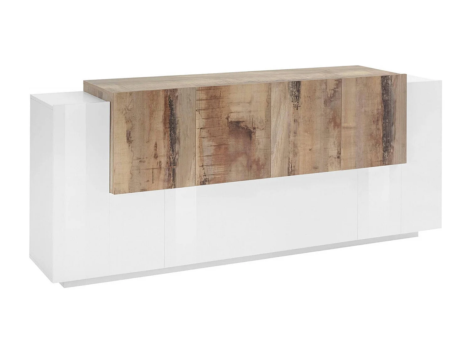 Buffet Gennaro, Buffet de cuisine avec 7 portes, Buffet de salon, Buffet de cuisine, 100% Made in Italy, 200x45h86 cm, Blanc brillant et érable
