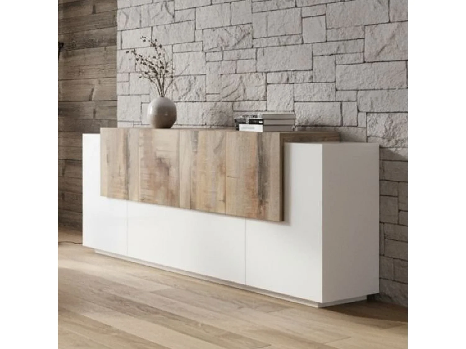 Buffet Gennaro, Buffet de cuisine avec 7 portes, Buffet de salon, Buffet de cuisine, 100% Made in Italy, 200x45h86 cm, Blanc brillant et érable