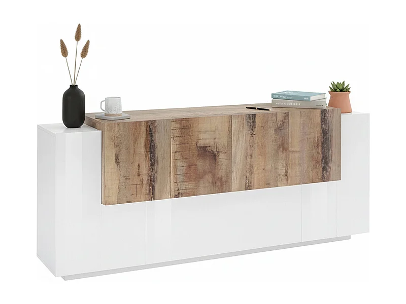 Buffet Gennaro, Buffet de cuisine avec 7 portes, Buffet de salon, Buffet de cuisine, 100% Made in Italy, 200x45h86 cm, Blanc brillant et érable