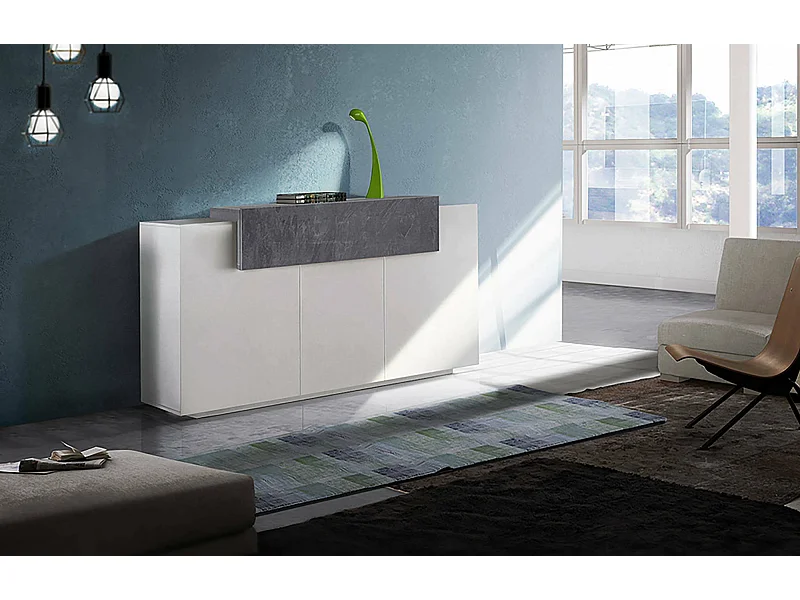 Credenza Sirio, Madia da cucina a 3 ante, Buffet da soggiorno, 100% Made in Italy, cm 160x45h86, Bianco lucido e Ardesia